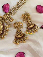 Antique Cluster Pearl Lakshmi High Neck Choker-Red-G5417