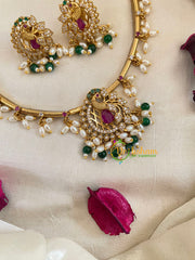 Premium Peacock AD Stone Hasli Guttapusalu Choker -Red Green-G9569