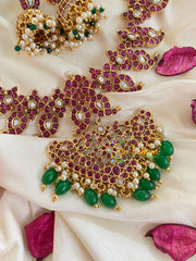 Premium AD Stone Maanga Neckpiece-Red-Green bead-G5387