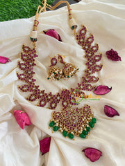 Premium AD Stone Maanga Neckpiece-Red-Green bead-G5387