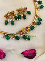 Premium AD Stone Hasli Choker -Lotus - Red White Green -G9564