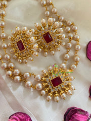 AD Stone Layer Pearl High Neck Choker -Red -G5397