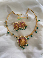 Premium AD Stone Lakshmi Pendant Hasli Choker-Green Bead-White-G4071