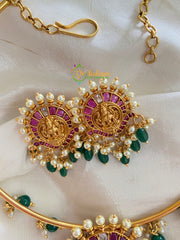 Premium AD Stone Lakshmi Pendant Hasli Choker-Green Bead-White-G4071