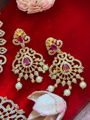 Gold American Diamond Bridal Haram-Red-G3219