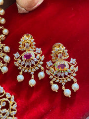 Gold American Diamond Bridal Haram-Pearl-Red-G3221