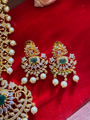 Gold American Diamond Bridal Haram-Pearl-Green-G3222