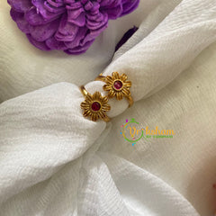 Premium AD Stone Toe Rings -Bent Flower -Red-G6704