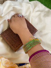 Thin Silk Thread Kundan Bangle -Green-Petal -G6116