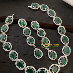White Tone American Diamond Short Neckpiece-Green -G6601