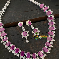 White Tone American Diamond Short Neckpiece-Pink -G6591