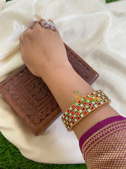 Thin Silk Thread Kundan Bangle -Red White-Square-G6143