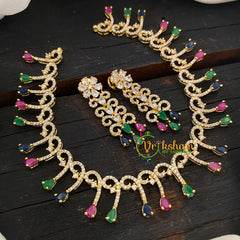 Gold Tone American Diamond Choker Short Neckpiece-Pink Green Blue-G6589