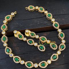 Gold Tone American Diamond Choker Short Neckpiece-Green-G6584
