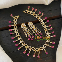 Gold Tone American Diamond Choker Short Neckpiece-Pink-G6579