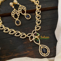 Gold Tone American Diamond Choker Short Neckpiece-Dark Blue -G6574