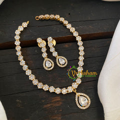 Gold Tone American Diamond Choker Short Neckpiece-White -G6572