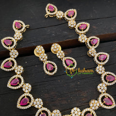 Gold Tone American Diamond Choker Short Neckpiece-Pink red -G6571