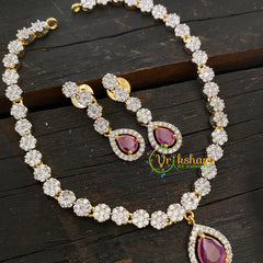 Gold Tone American Diamond Short Neckpiece-Pink Red -G6568