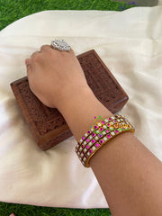 Thin Silk Thread Kundan Bangle -White Pink-Square-G6146