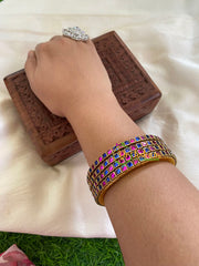 Thin Silk Thread Kundan Bangle -Pink Blue-Square-G6150