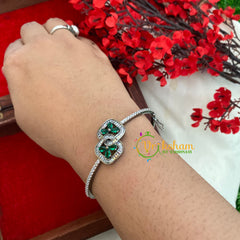 White Tone American Diamond Twin Stone Bracelet-Green-G3250