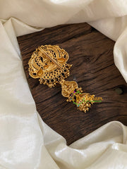 Premium Lakshmi Single Jada Billai with Jhumkas-Temple Bun Billai - Red Green -G9605