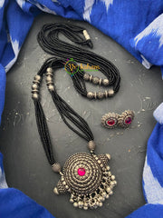 Pink Stone Round Pendant Black Beaded Chain -S0048
