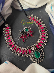 Silver Paisley Neckpiece -Pink and Green-S0073