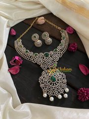Green Stone American Diamond Bridal Neckpiece-Peacock-G4314
