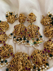 Shri Vishnu Dasavathar Neckpiece – Red Stone-Green Bead, Pearl -G3409