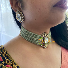 Pastel Green Bead Victorian Diamond Choker-VV029