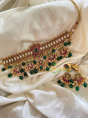 AD Stone Chandbali High Neck Choker-Green Bead-G3448