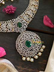 Green Stone American Diamond Bridal Haram-Gold Tone-G4383