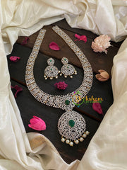 Green Stone American Diamond Bridal Haram-Gold Tone-G4383