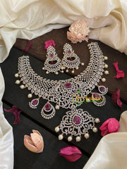 Red Stone American Diamond Bridal Neckpiece-Side Pendants-G4384