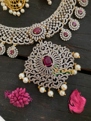 Red Stone American Diamond Bridal Haram-Side Pendants-G4385