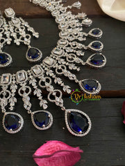 Blue American Diamond Bridal Choker-Short Neckpiece-White Tone-G4377
