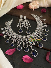 Blue American Diamond Bridal Choker-Short Neckpiece-White Tone-G4377