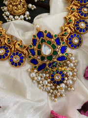Precious Jadau Kundan Lotus Neckpiece-Blue Green-J356