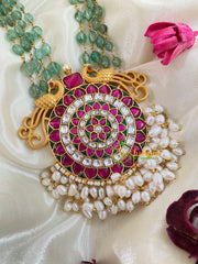 Exquisite Jadau Kundan Pendant Green Bead Mala-Pink Green-J355