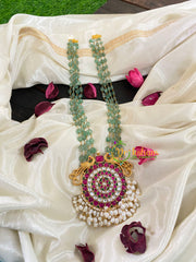 Exquisite Jadau Kundan Pendant Green Bead Mala-Pink Green-J355