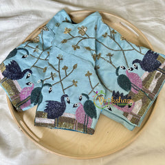 Premium Hand Embroidered Readymade Blouse-Light Blue-VS619