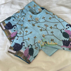 Premium Hand Embroidered Readymade Blouse-Light Blue-VS619