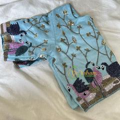 Premium Hand Embroidered Readymade Blouse-Light Blue-VS619