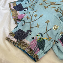 Premium Hand Embroidered Readymade Blouse-Light Blue-VS619