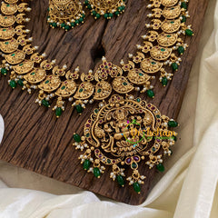 Premium Antique Temple Haram - Lakshmi Pendant Haram -Green Bead-G10451