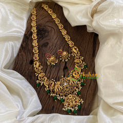 Gold Look Alike Temple Long Neckpiece-Elephants and Peacock -Green Bead-G10455