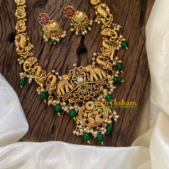 Gold Look Alike Temple Long Neckpiece-Elephants and Peacock -Green Bead-G10455
