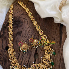 Gold Look Alike Temple Long Neckpiece-Elephants and Peacock -Green Bead-G10455